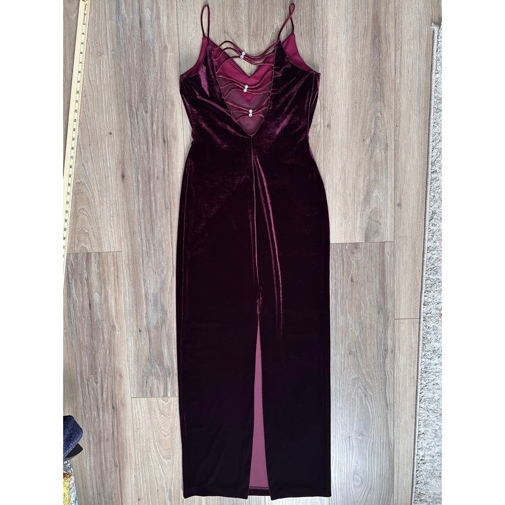 Roberta Burgundy Velvet Strappy Rhinestone Cage Back Maxi Dress Medium Glam Y2K - Picture 2 of 6